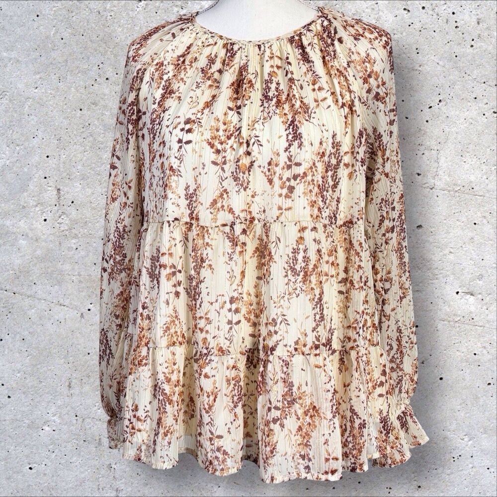 Andree Peasant Floral Top Cream Brown Semi Sheer Women’s Large Boho